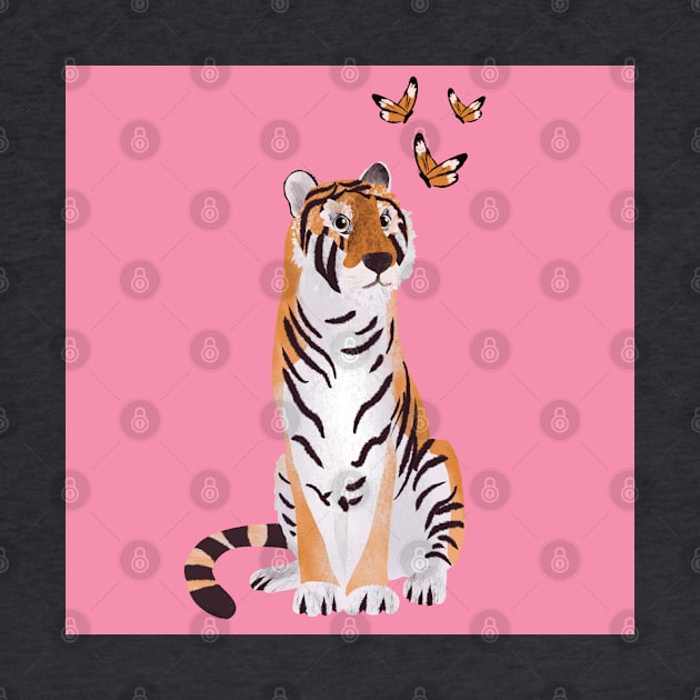 Tiger with butterflies paper cut art illustration on pink background by NattyDesigns